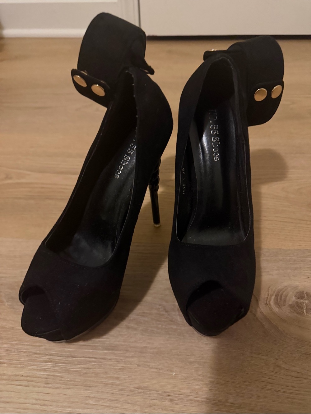 Black Peep-Toe Stiletto Heels with Gold Accent Ankle Strap